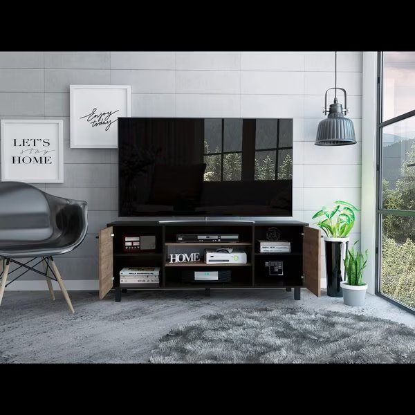 Kaia Tv Stand for TV's up 55 in. Four Shelves, Three Shelves, Black/Pine, Tuhome, Mfr#: RVA3989